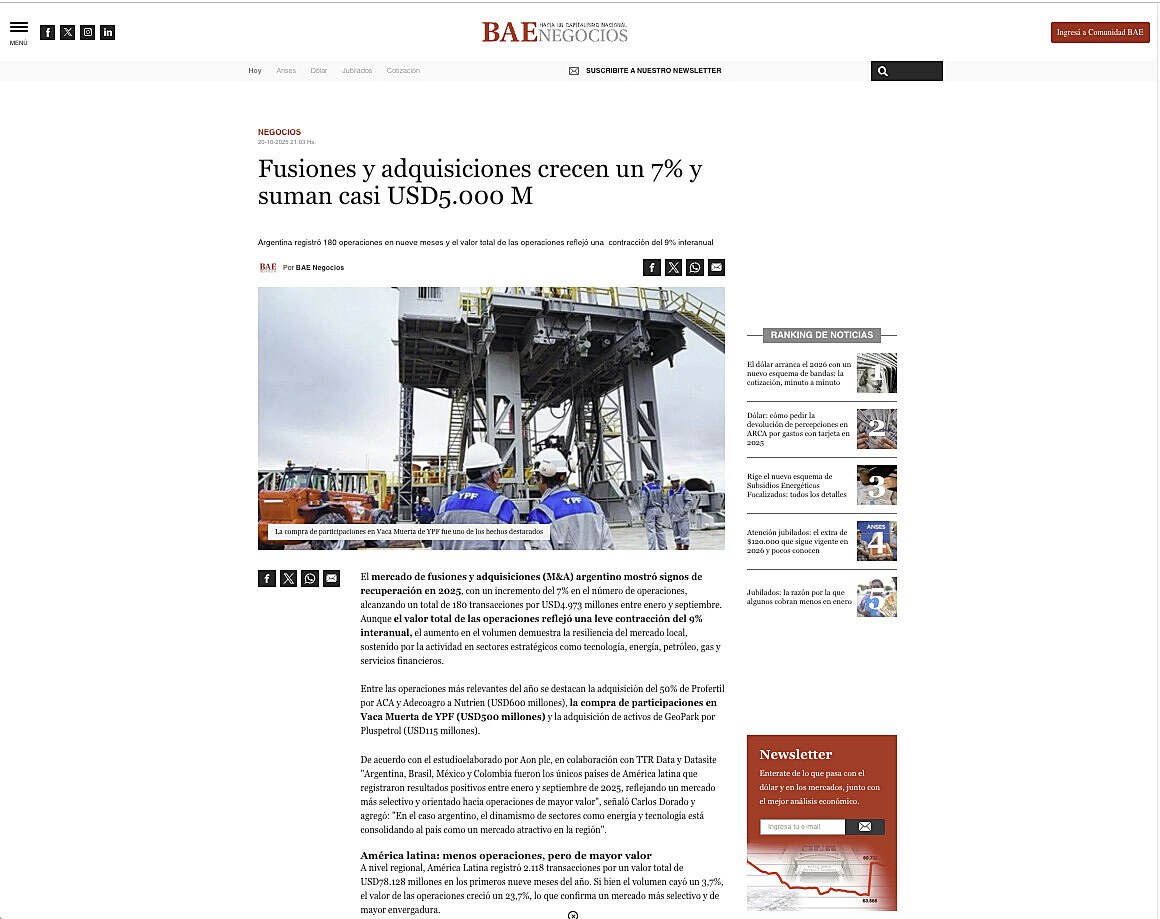 Fusiones y adquisiciones crecen un 7% y suman casi USD5.000 M